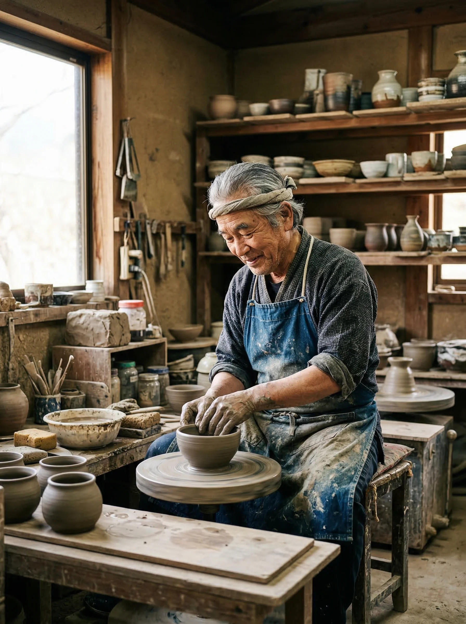 Master ceramicist Takeshi Yamamoto shaping a tea bowl on a pottery wheel in his Shigaraki workshop