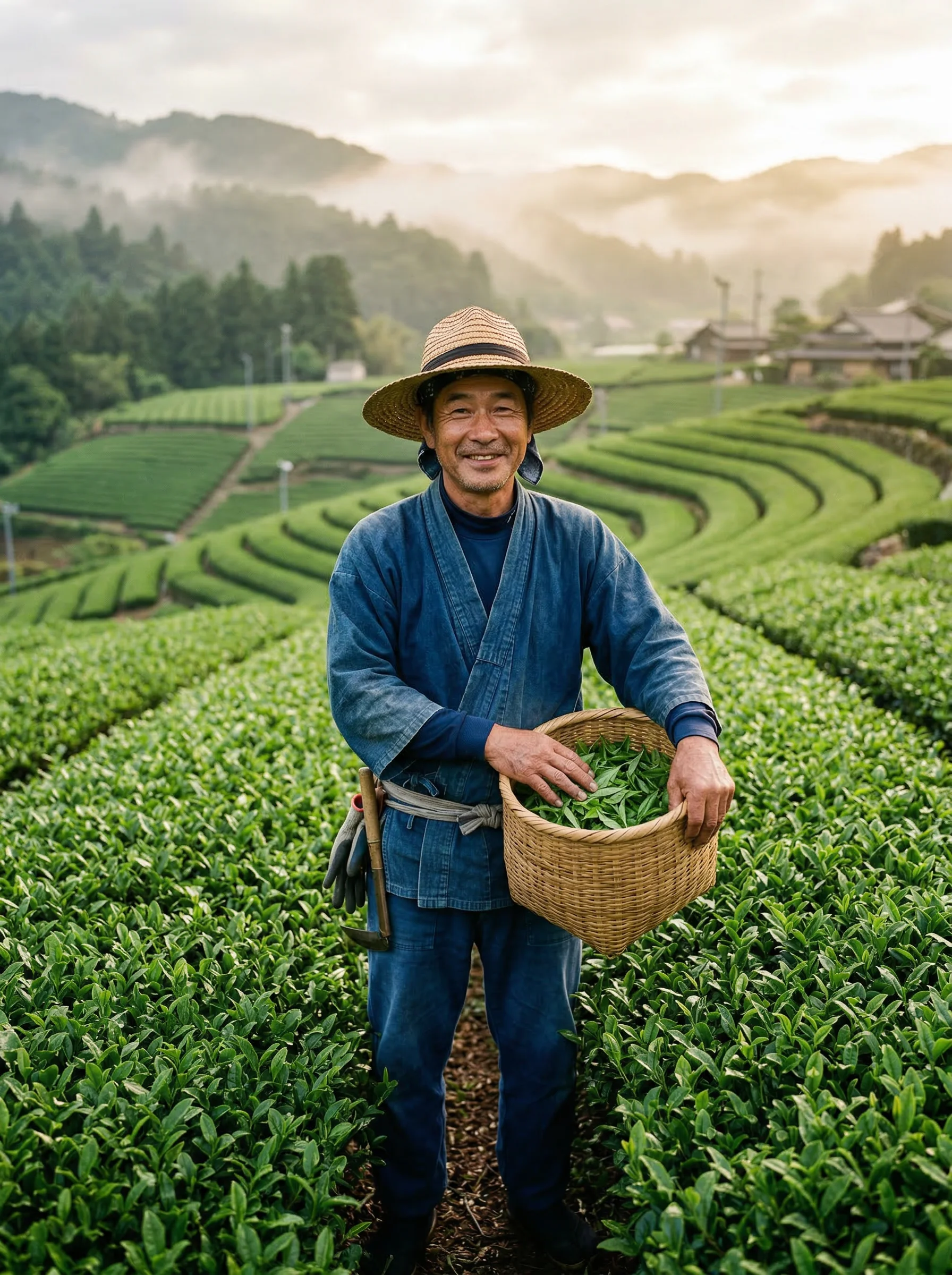 Tea farmer Hiroshi Tanaka standing in his lush green tea field in the Uji region