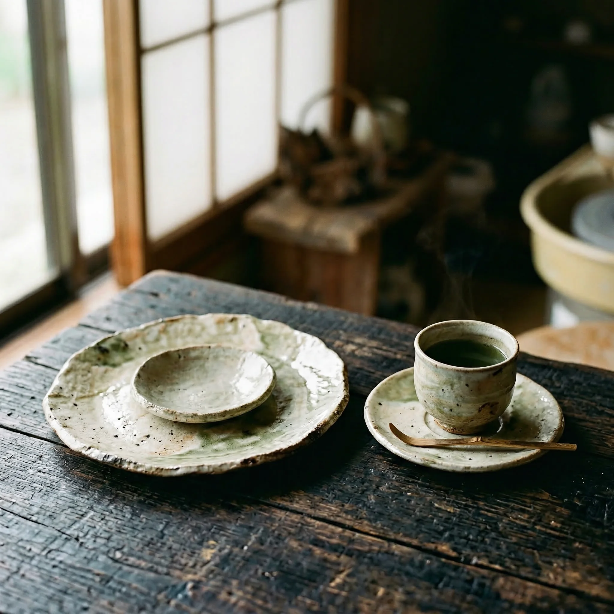 Wabi-sabi style ceramic tea plate and saucer set with natural ash glaze