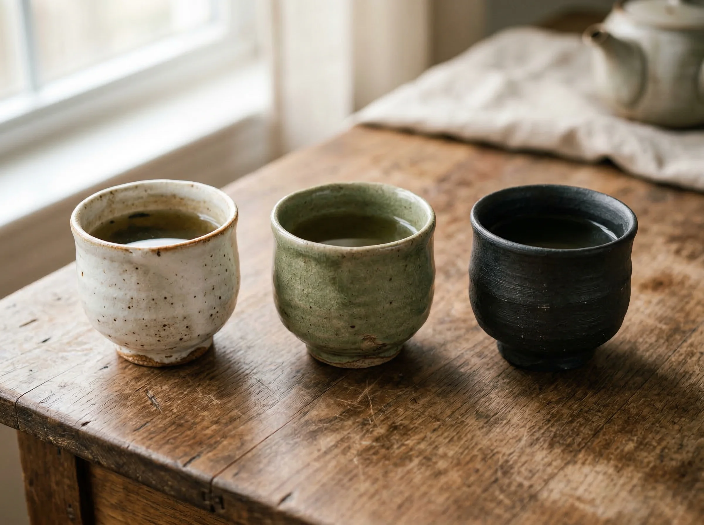 Set of three handcrafted yunomi tea cups in white, sage green, and charcoal glazes