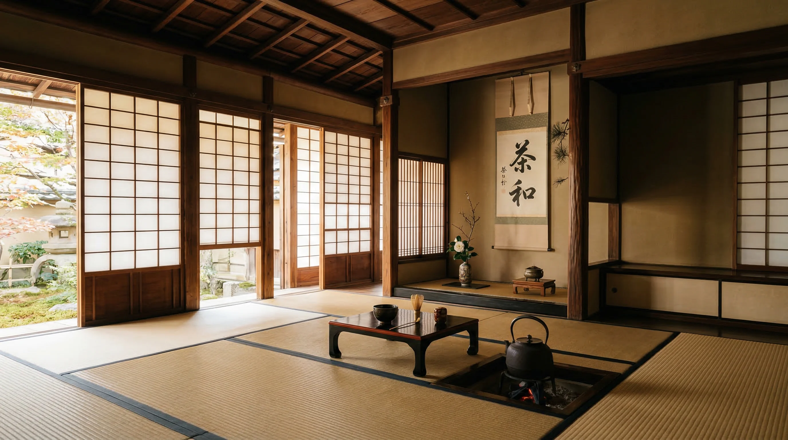 Interior of a traditional Japanese tea house in Kyoto with tatami floors and shoji screens