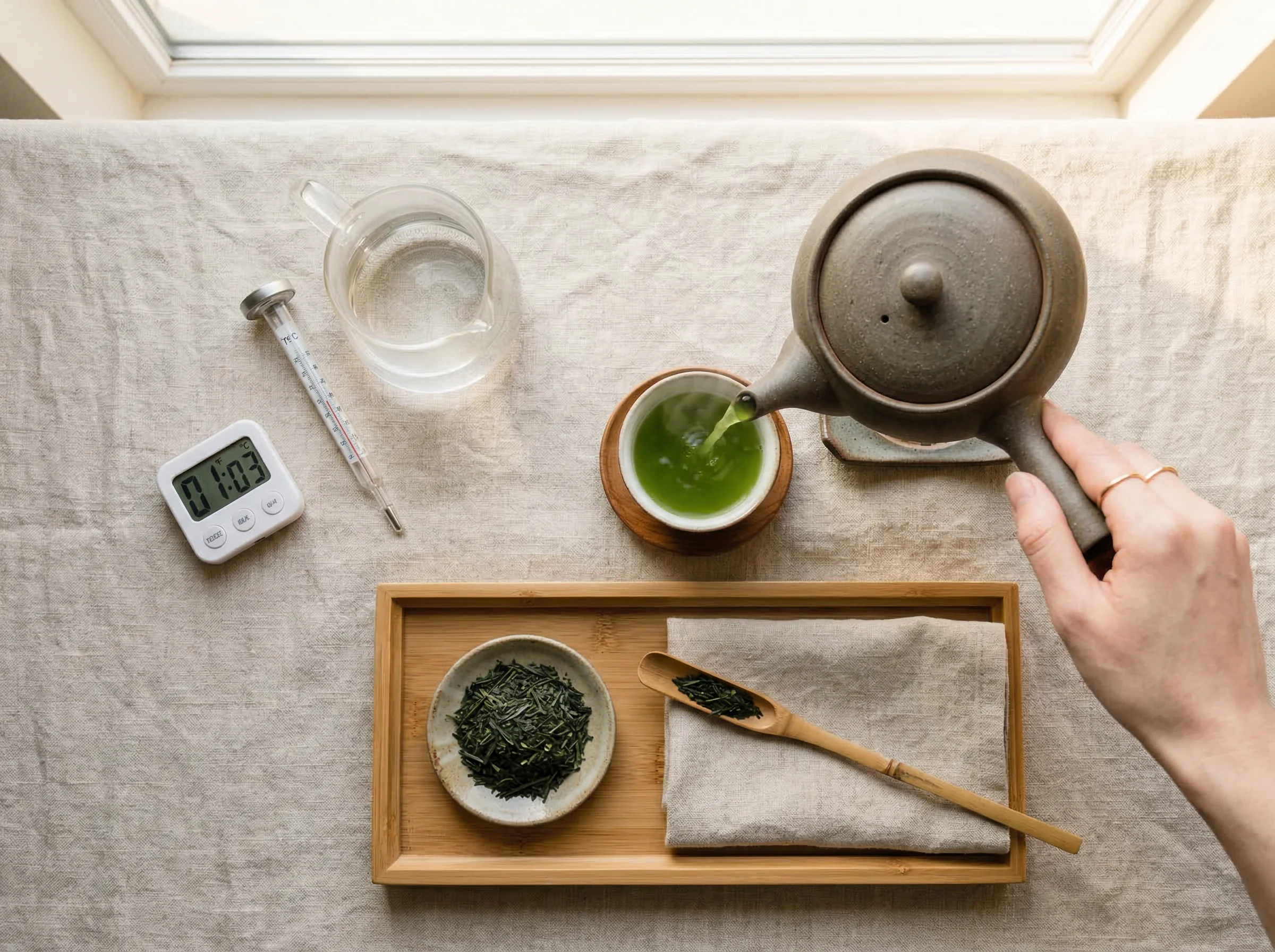Overhead view of a Japanese tea brewing setup with kyusu teapot pouring green tea