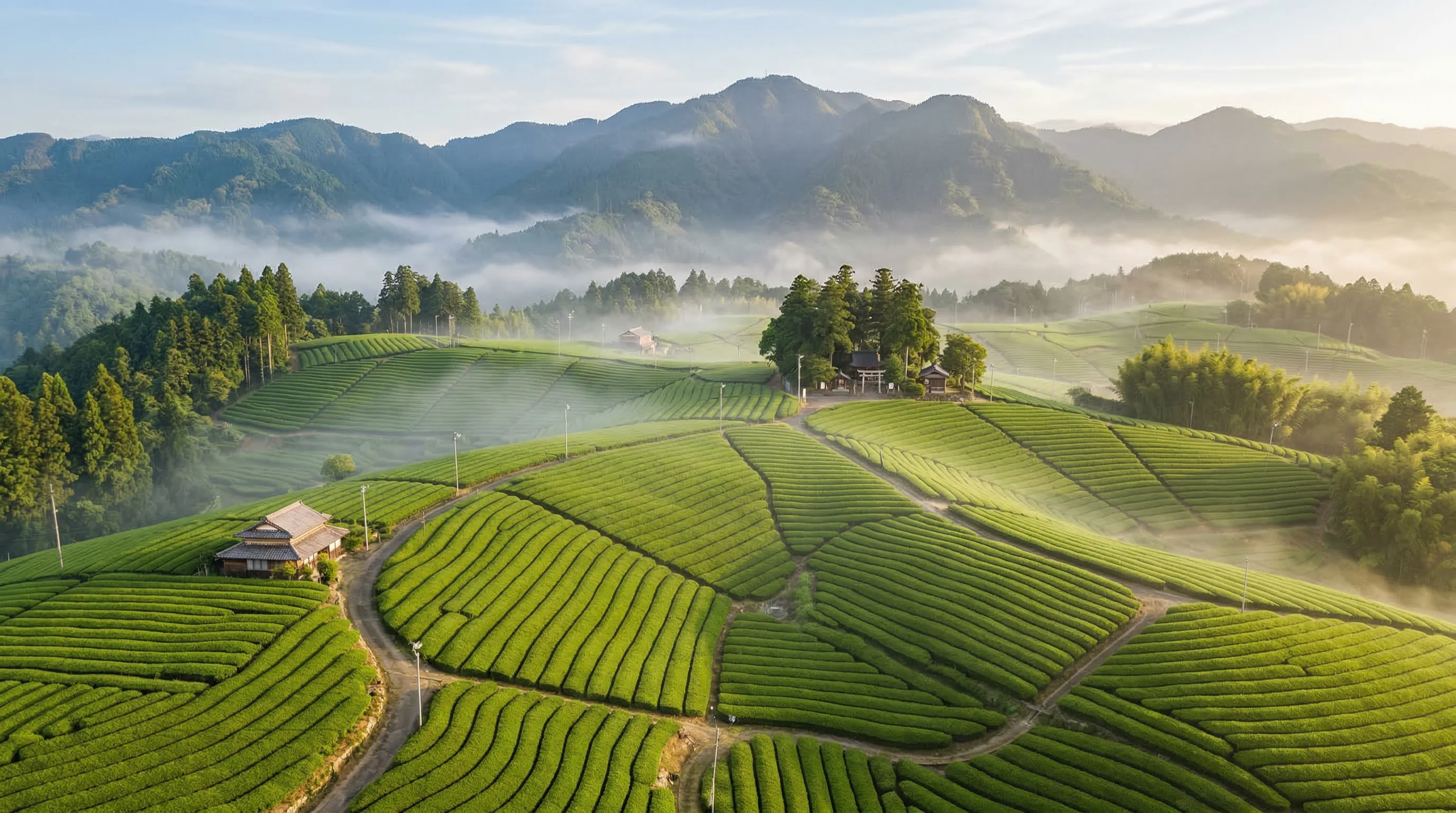 Lush Japanese tea garden landscape in the Uji region with rows of vibrant green tea plants and misty mountains